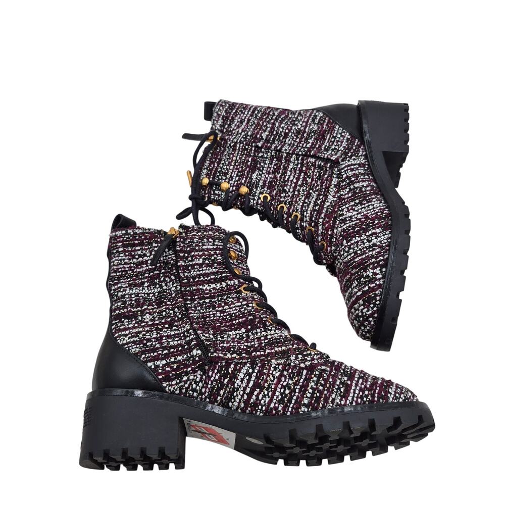 NEW Tory Burch Miller Tweed Combat Boot burgundy black white textured tweed Sz 6